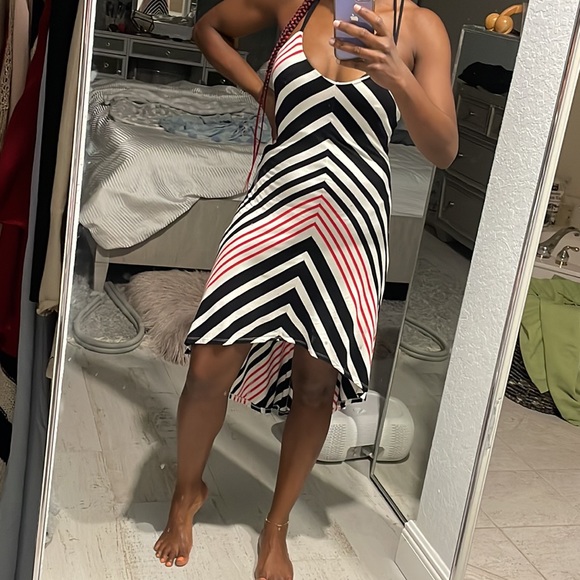 bebe low back multi striped black, white, and red dress with Spaghetti straps - Picture 7 of 8